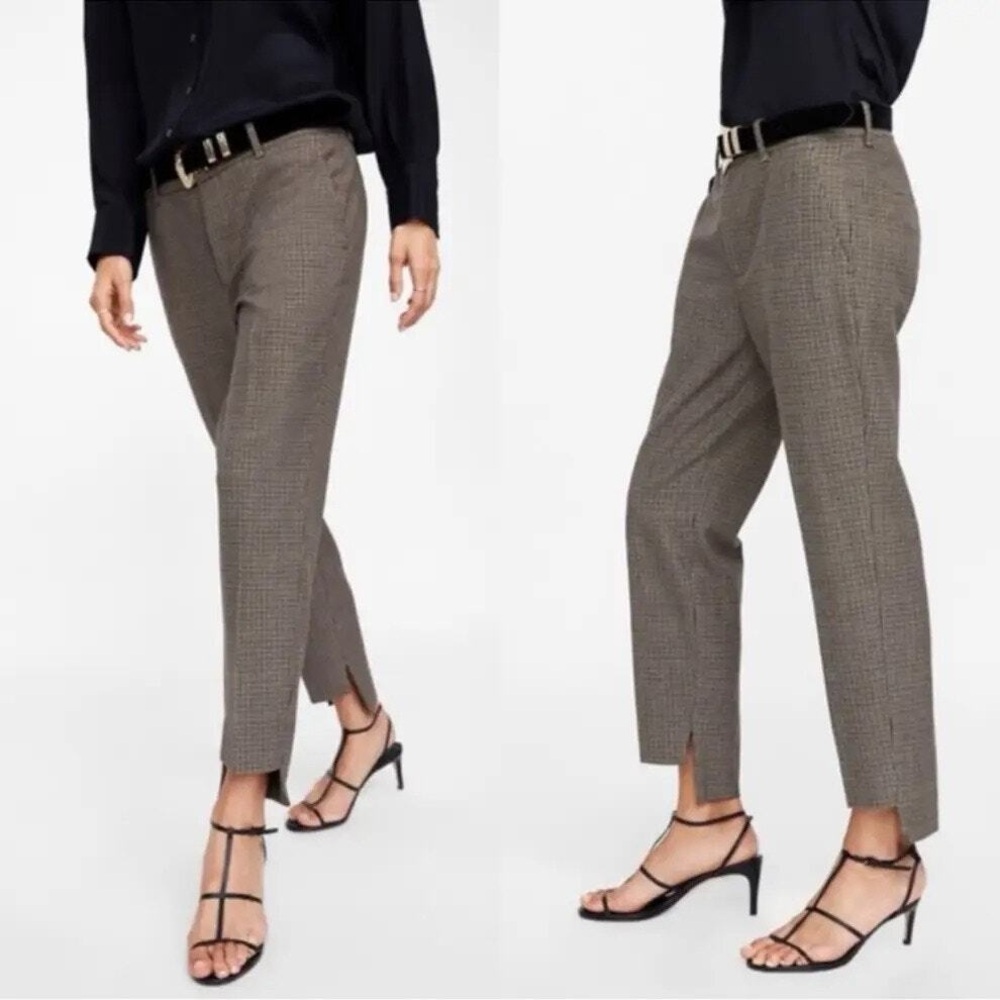 Zara Woman Brown Houndstooth Asymmetrical Hem Plaid Ankle Trouser Pants size 4